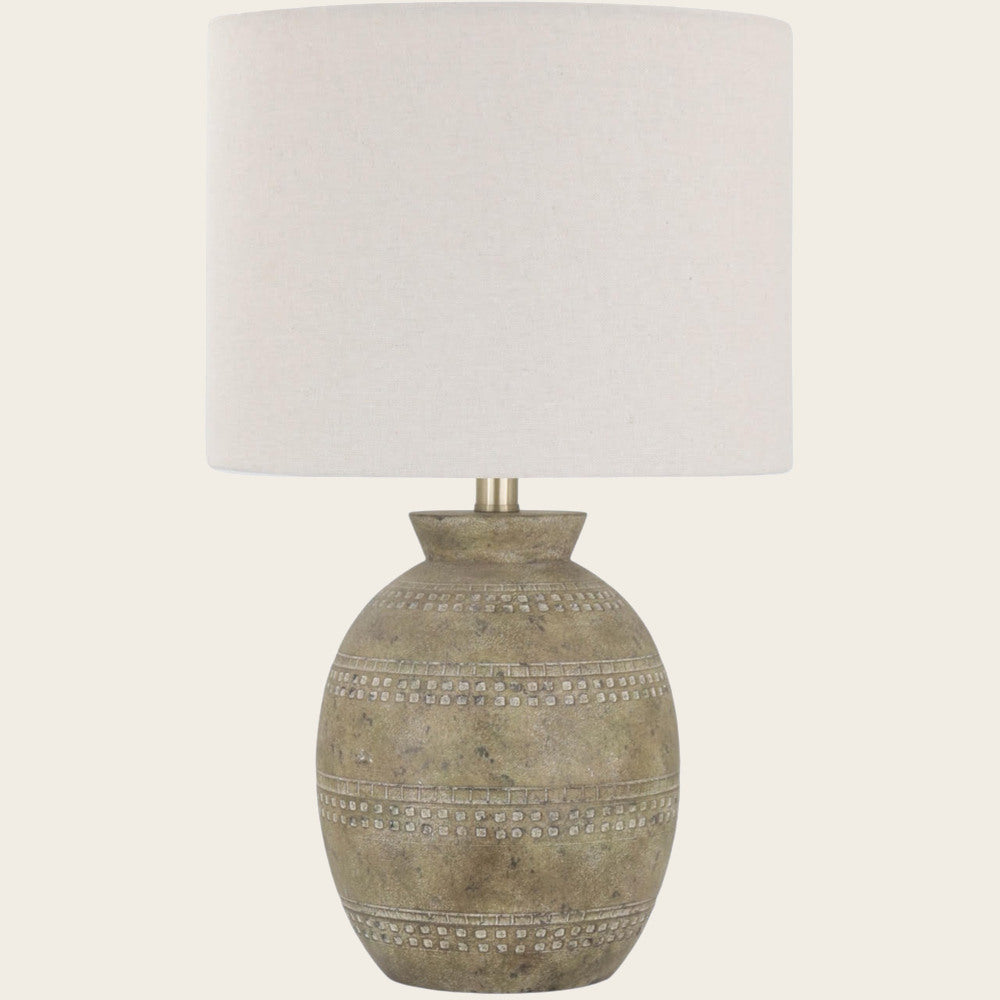 Rustic beige ceramic table lamp with cream linen shade