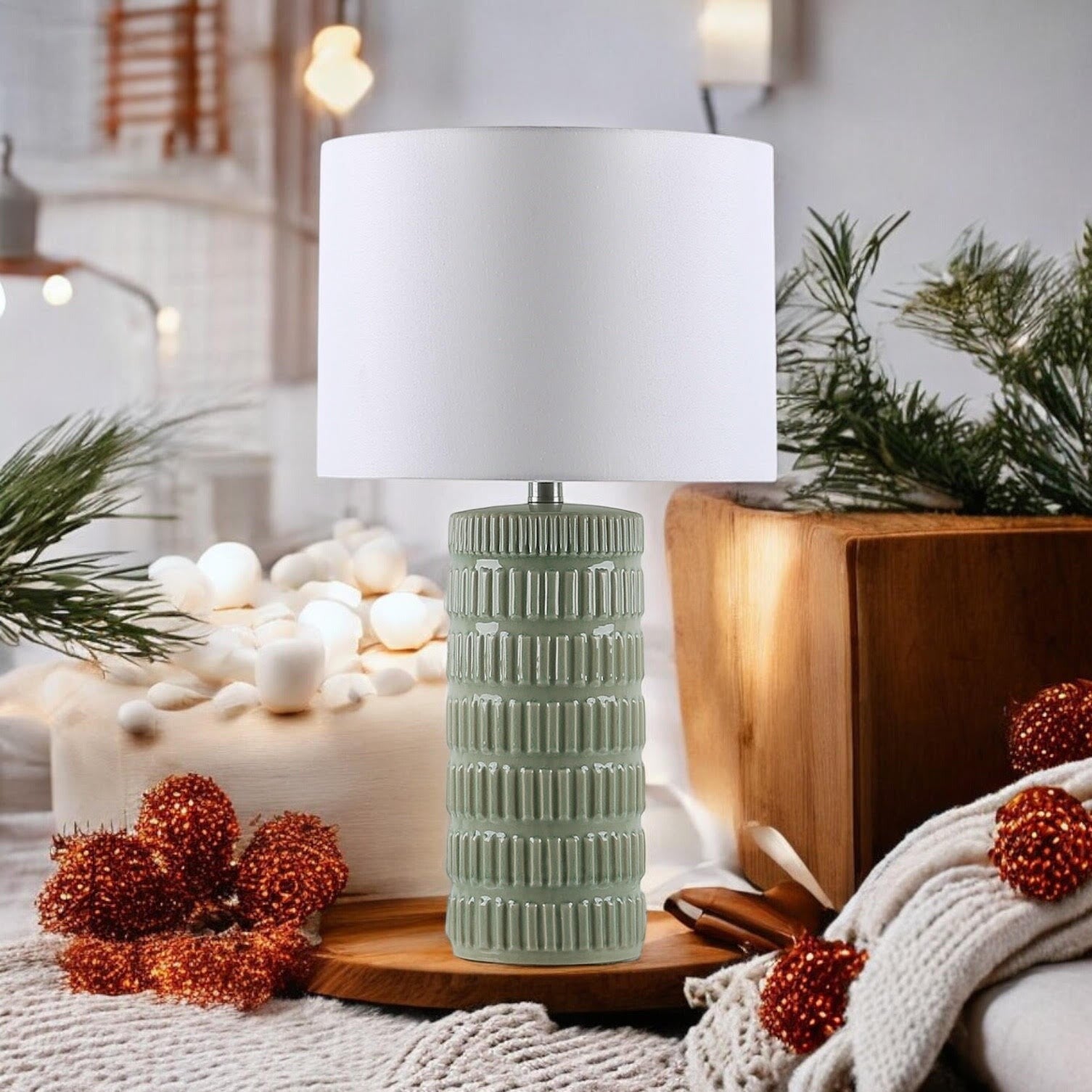 Sage green floral ceramic table lamp in warm seasonal styling