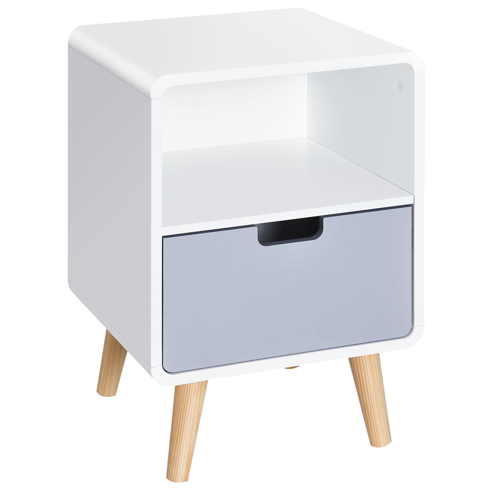 Scandinavian pine bedside table with drawer, front view