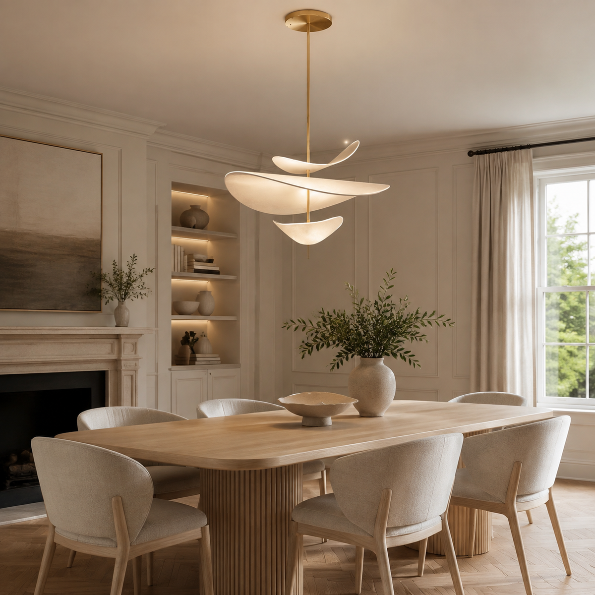 Sculptural white and gold LED pendant light above a pale oak dining table