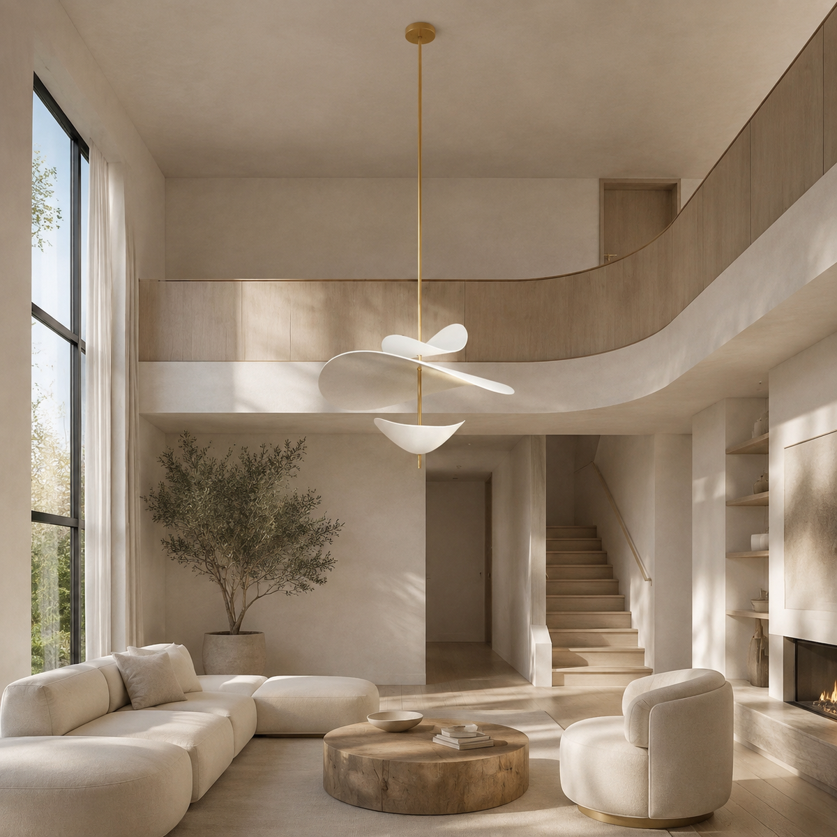 Modern white and gold LED pendant light in a double-height neutral living room
