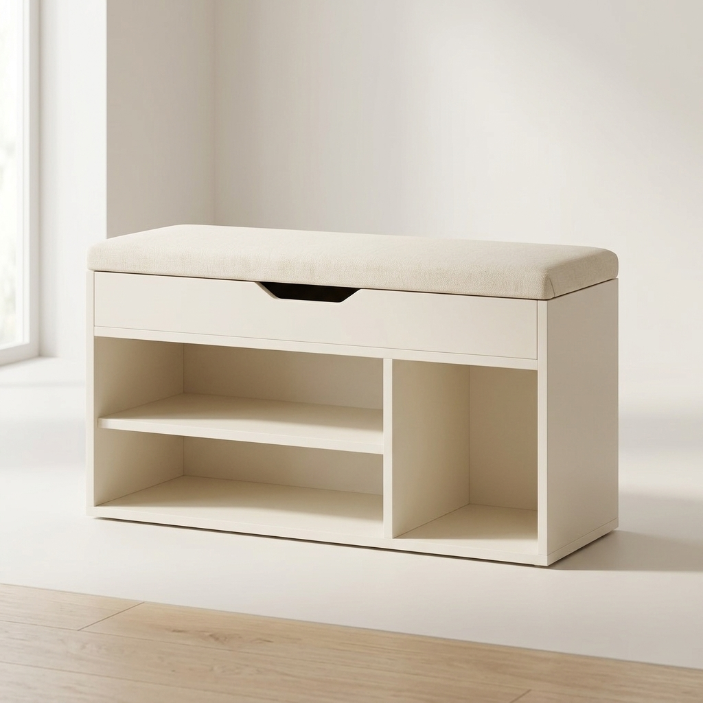 Cream white shoe storage bench with padded top on a white background