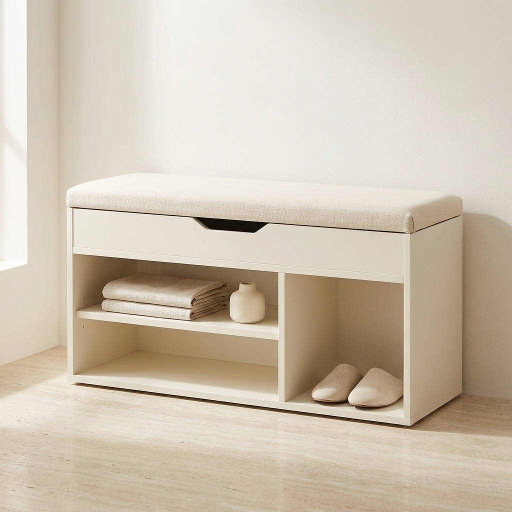 Cream shoe bench full front view