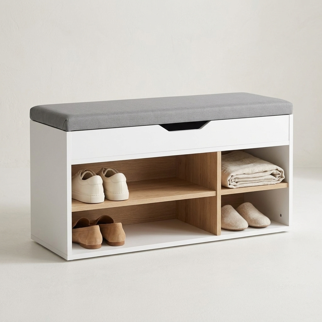 Shoe storage bench angled studio shot showing lower shelf