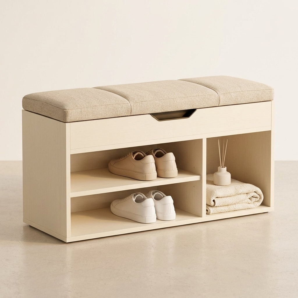 Cream shoe bench padded seat detail