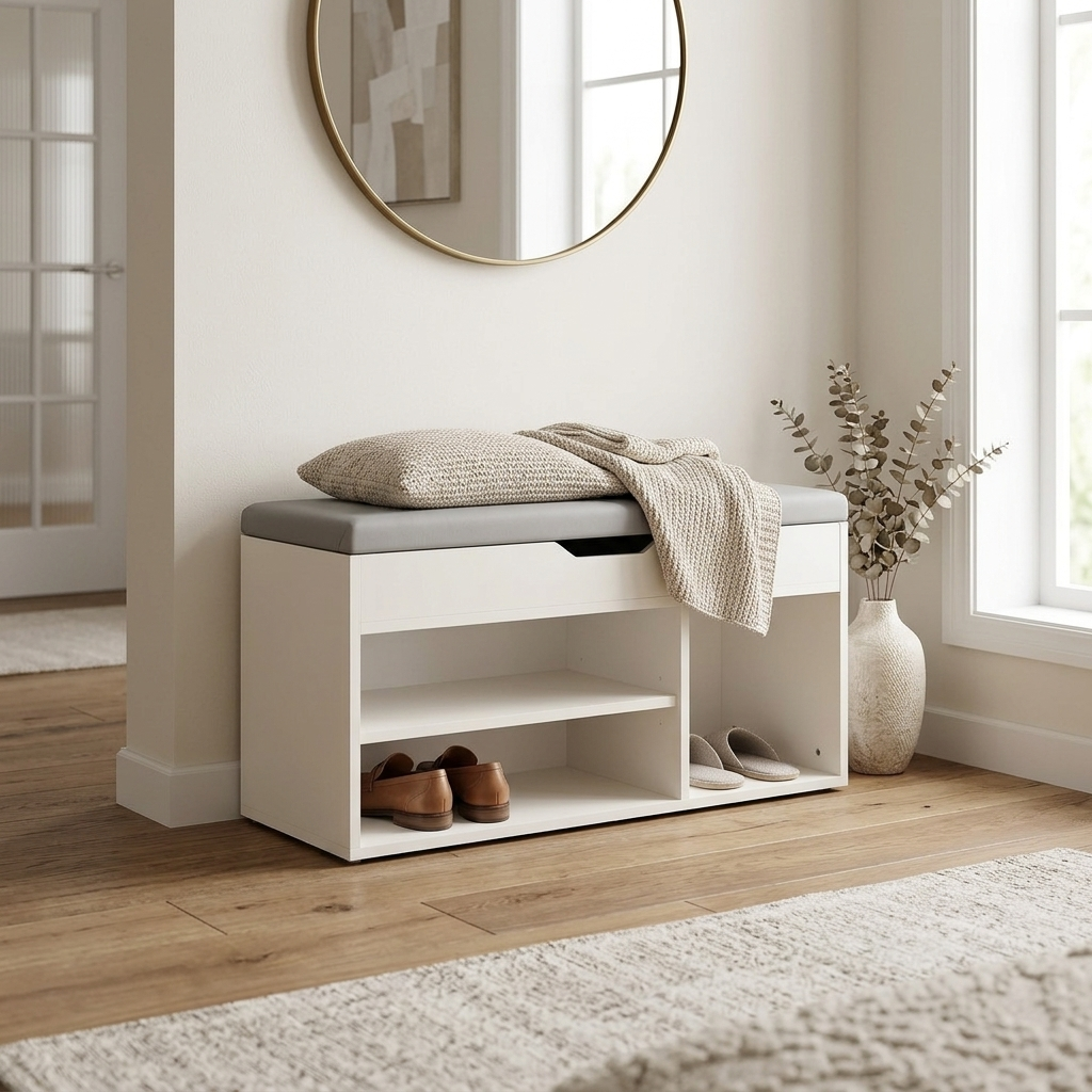 Cream shoe storage bench in a calm entryway with shoes