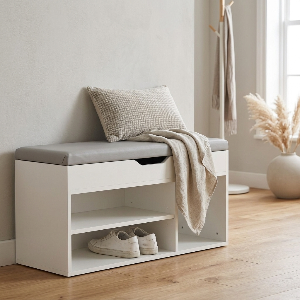 Shoe bench styled with a cushion in a bright hallway