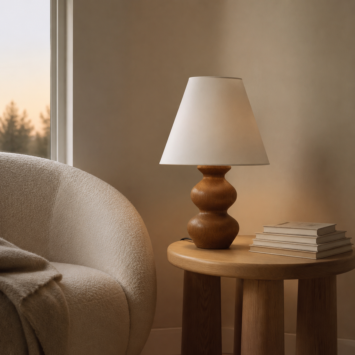 Silvan sculptural wood table lamp in a cosy reading nook