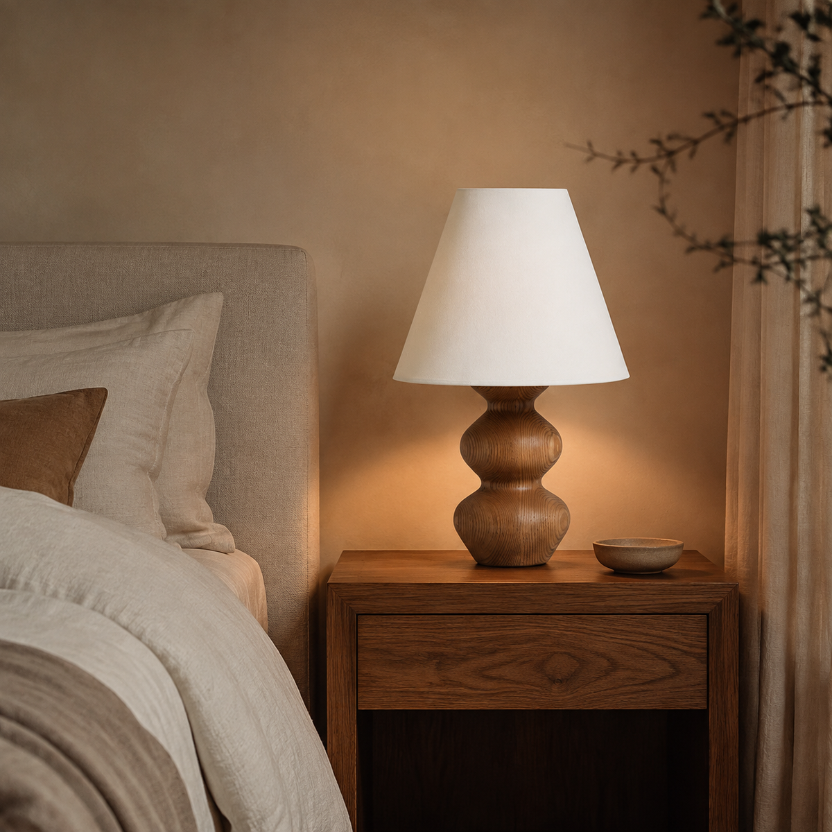 Silvan walnut wood table lamp styled on a bedside table