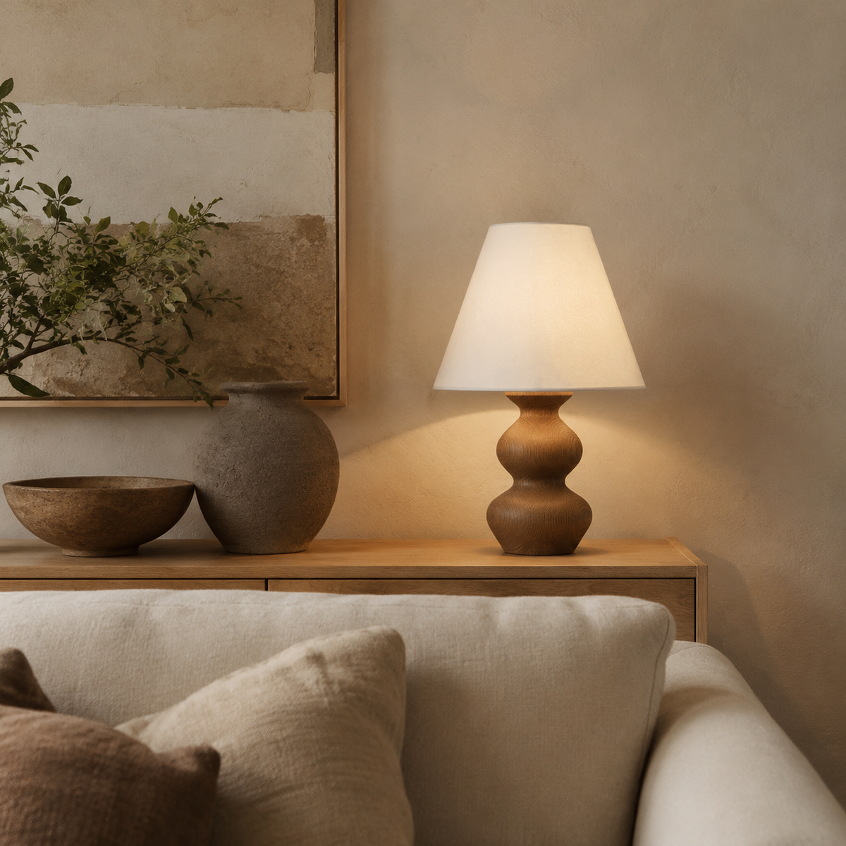 Silvan wood table lamp on a warm neutral living room console