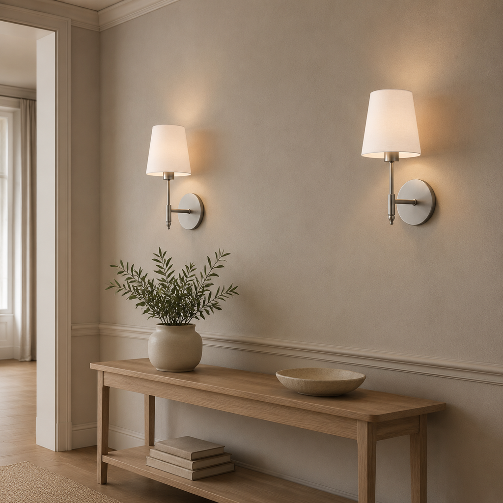 Pair of silver wireless wall lights above a pale oak hallway console
