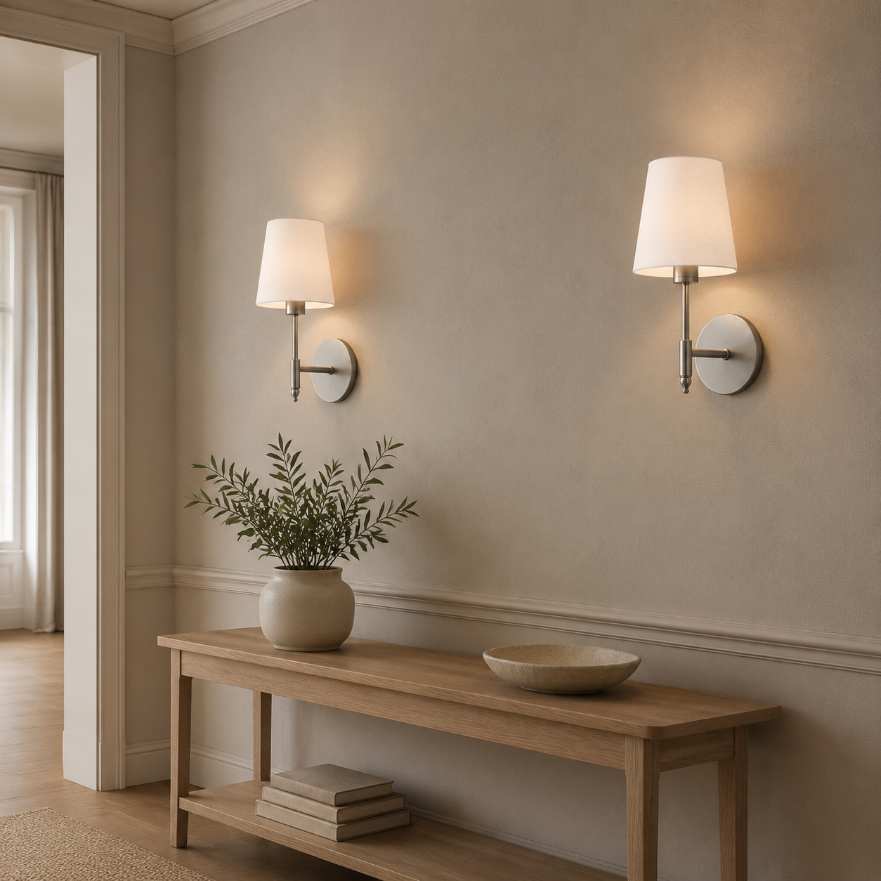 Pair of silver wireless wall lights above a pale oak hallway console