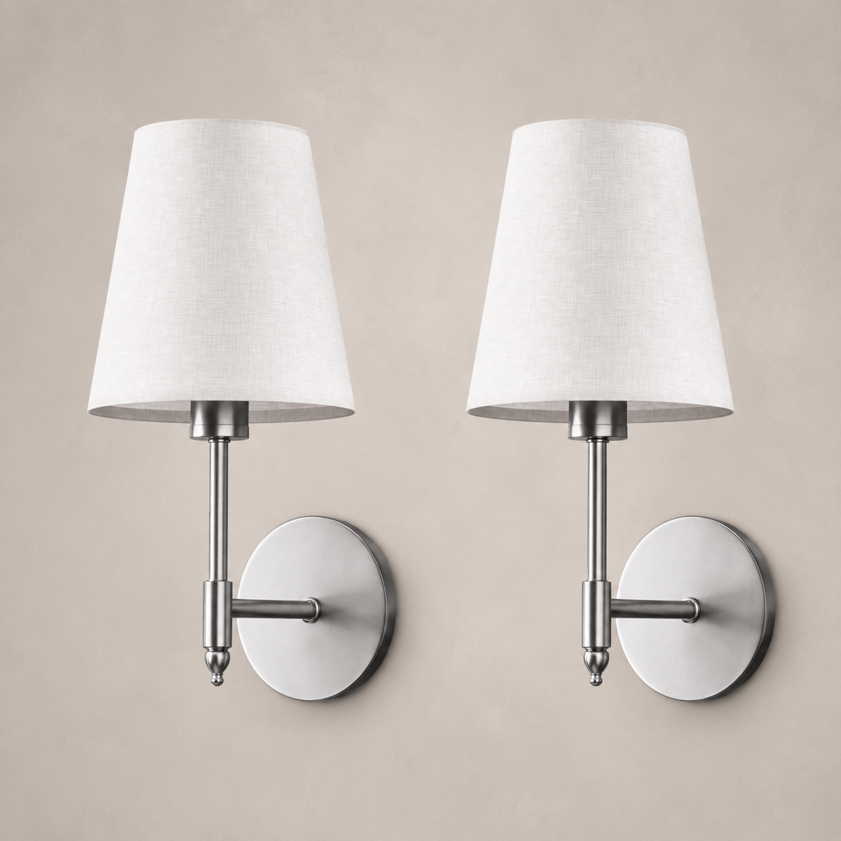 Set of two satin silver wireless wall lights with white linen shades