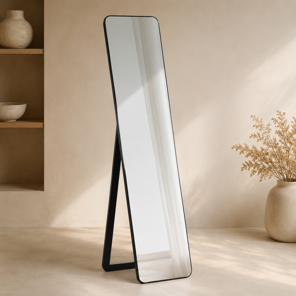 Slim black full-length mirror with freestanding A-frame support