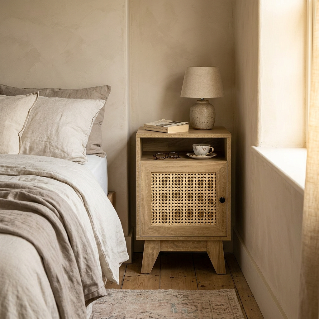Slim rattan bedside table for small bedrooms