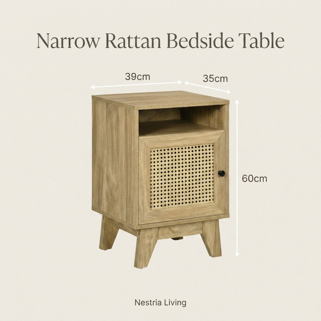 Slim rattan nightstand with shelf, side view