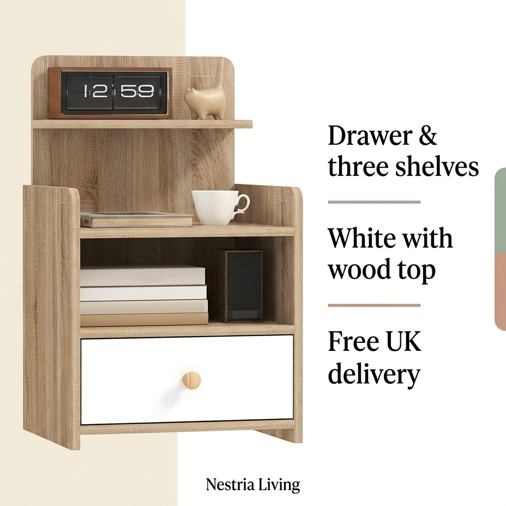 Small white bedside table with shelves, detail