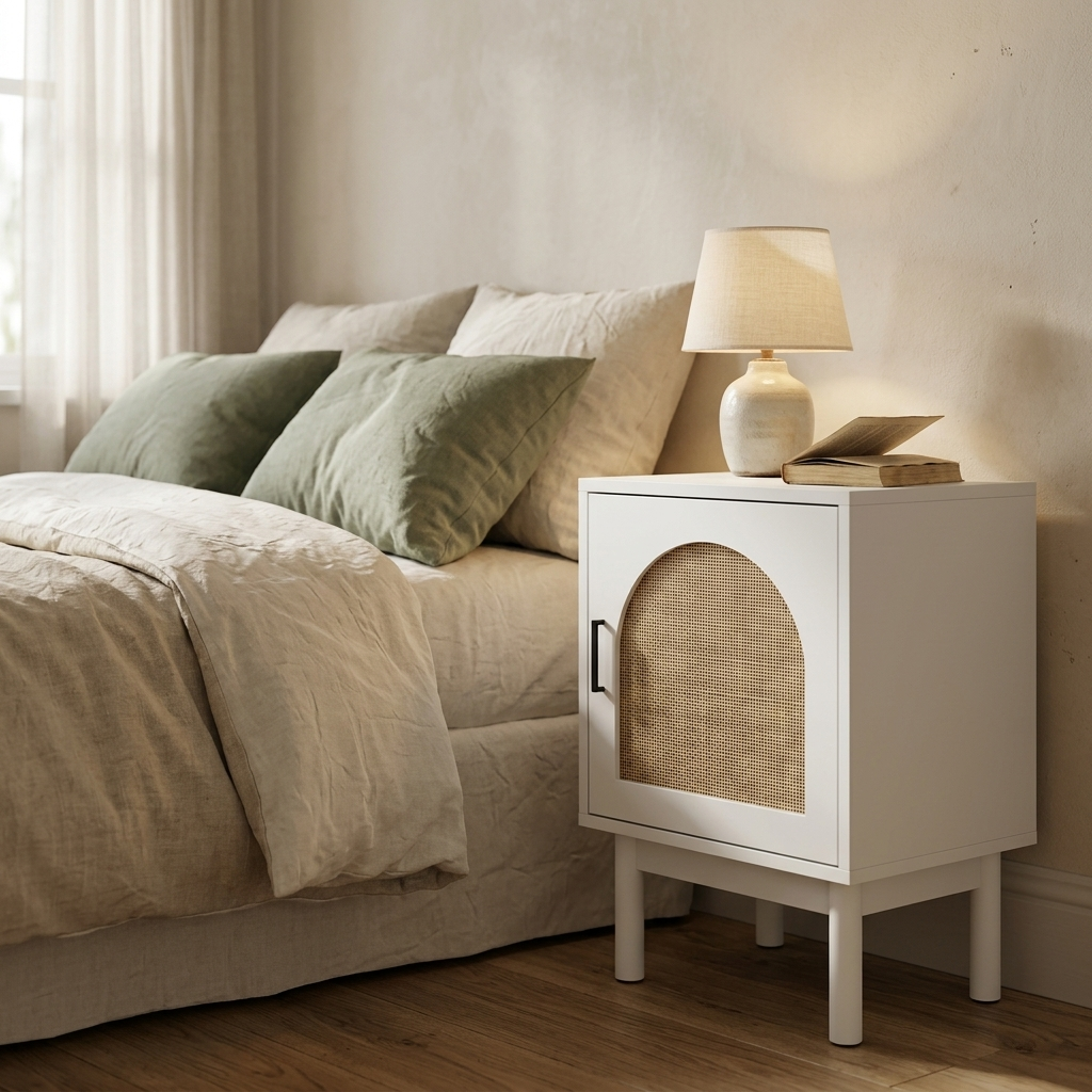Small white rattan bedside table for a calm bedroom