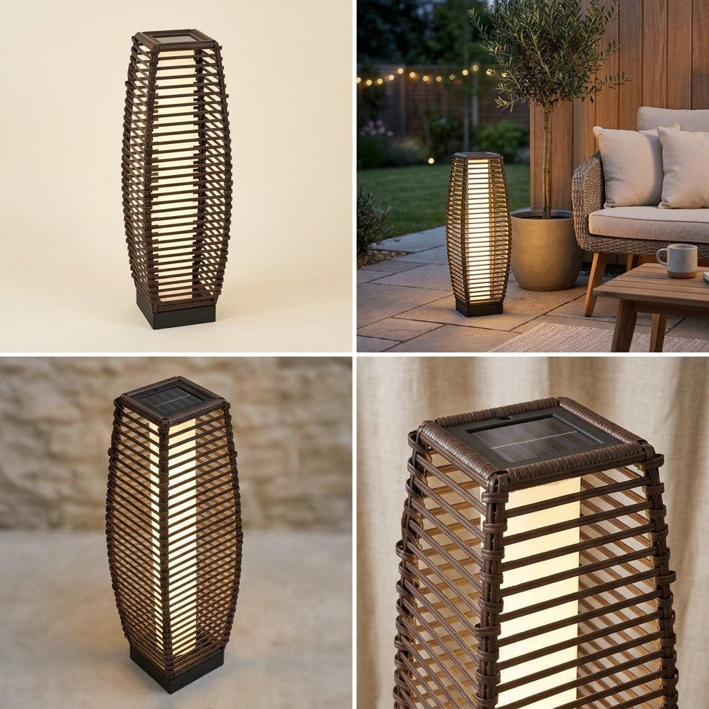 Solar floor lamp product views showing rattan-effect weave and top solar panel