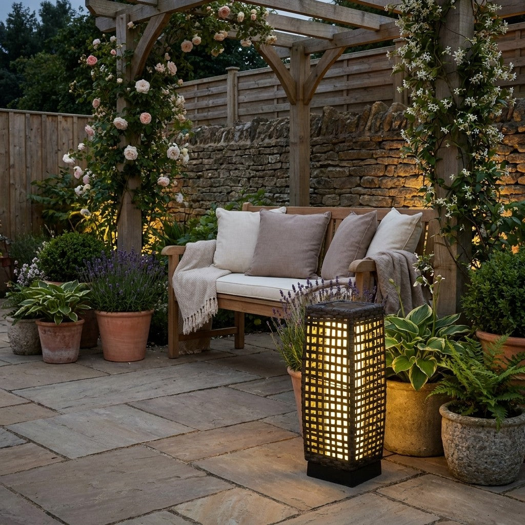 Rattan-effect solar garden lantern glowing on a garden patio