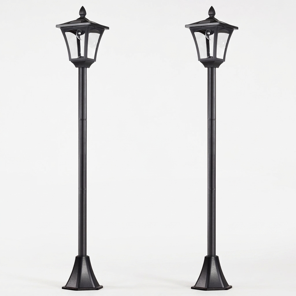 Two black solar post lanterns full view