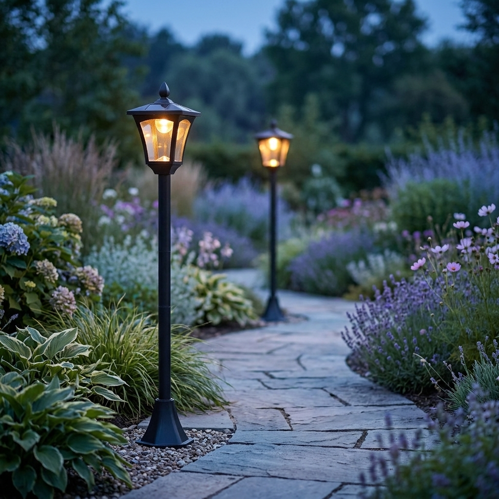 Solar post lanterns lining a garden path at dusk
