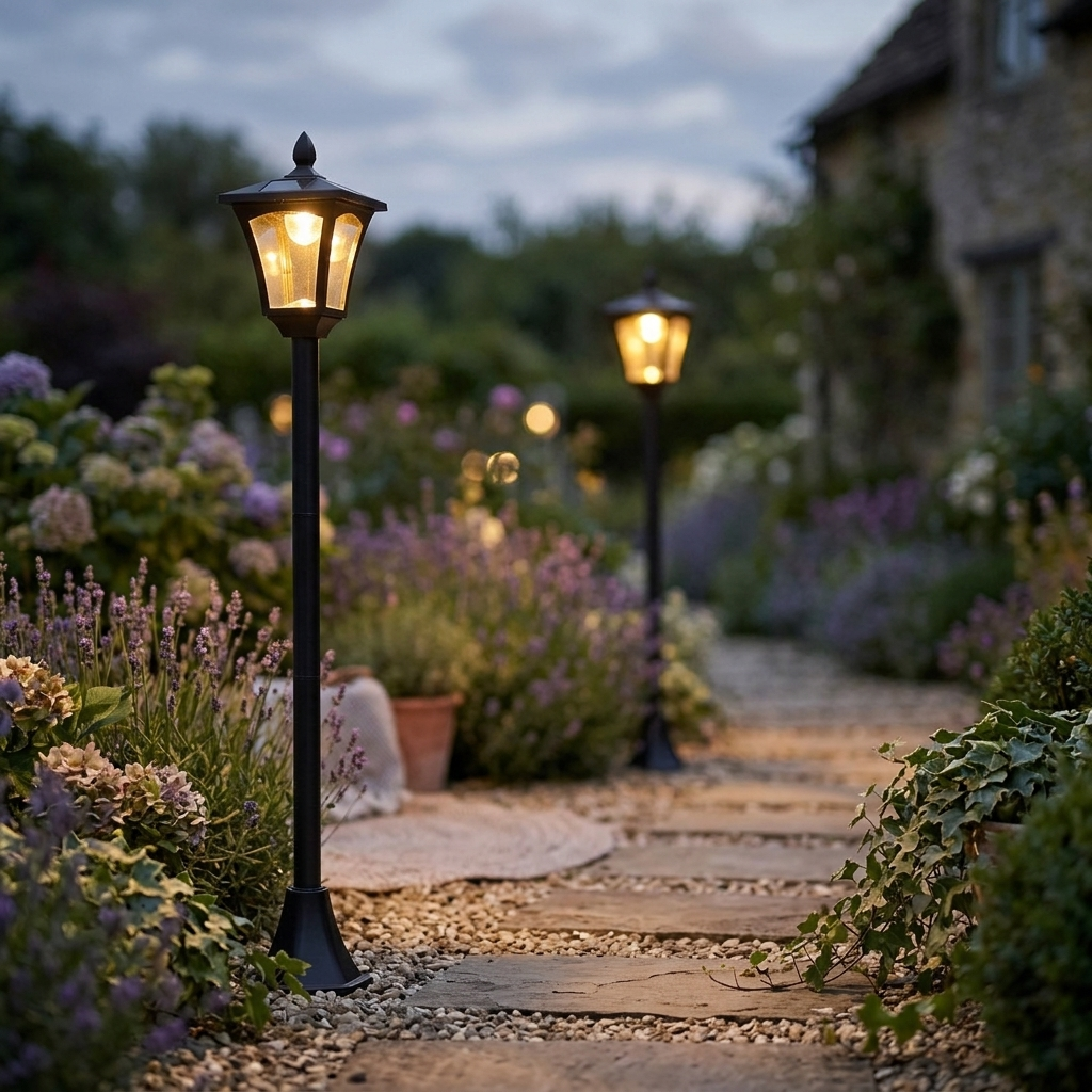 Solar post lanterns glowing in an evening garden