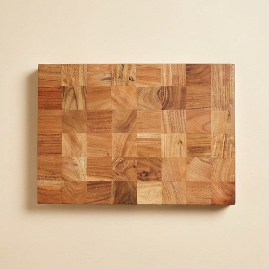 Solid acacia wood chopping board with natural end-grain pattern