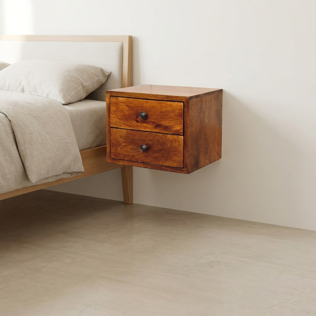 Solid wood wall bedside shelf with drawers in a bedroom