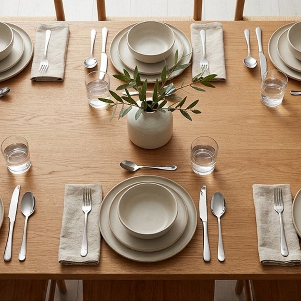 Stainless steel cutlery set arranged for six place settings on a wooden dining table