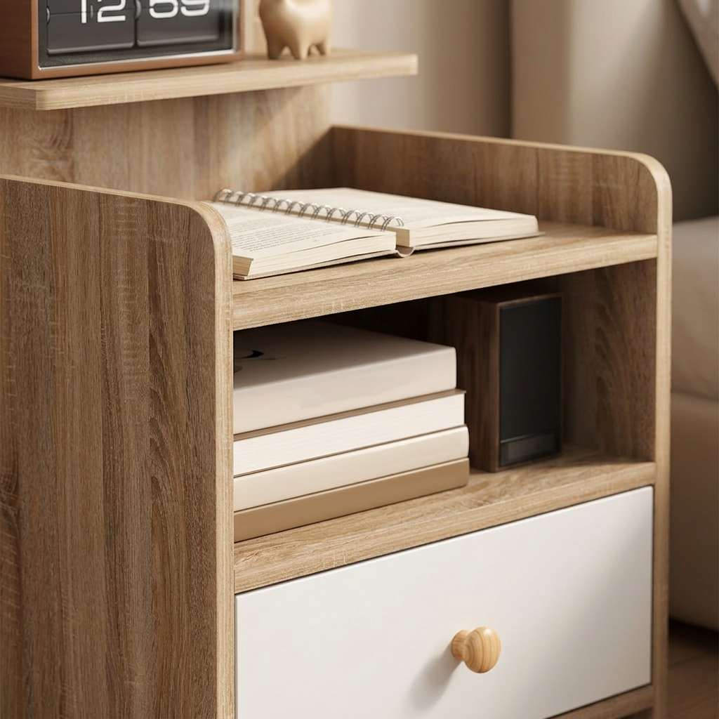 Tall white bedside table with open shelving