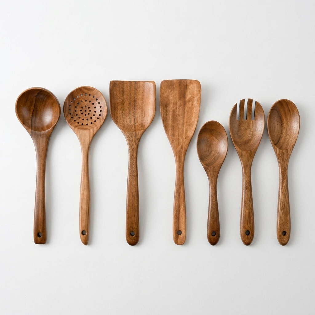 Teak wooden kitchen utensil set arranged on a white studio background
