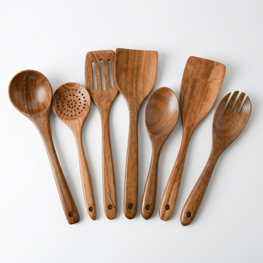Natural teak six-piece cooking utensil set neatly laid out