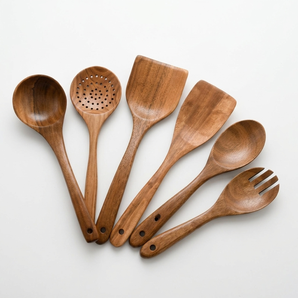 Teak kitchen utensils showing smooth natural wood grain