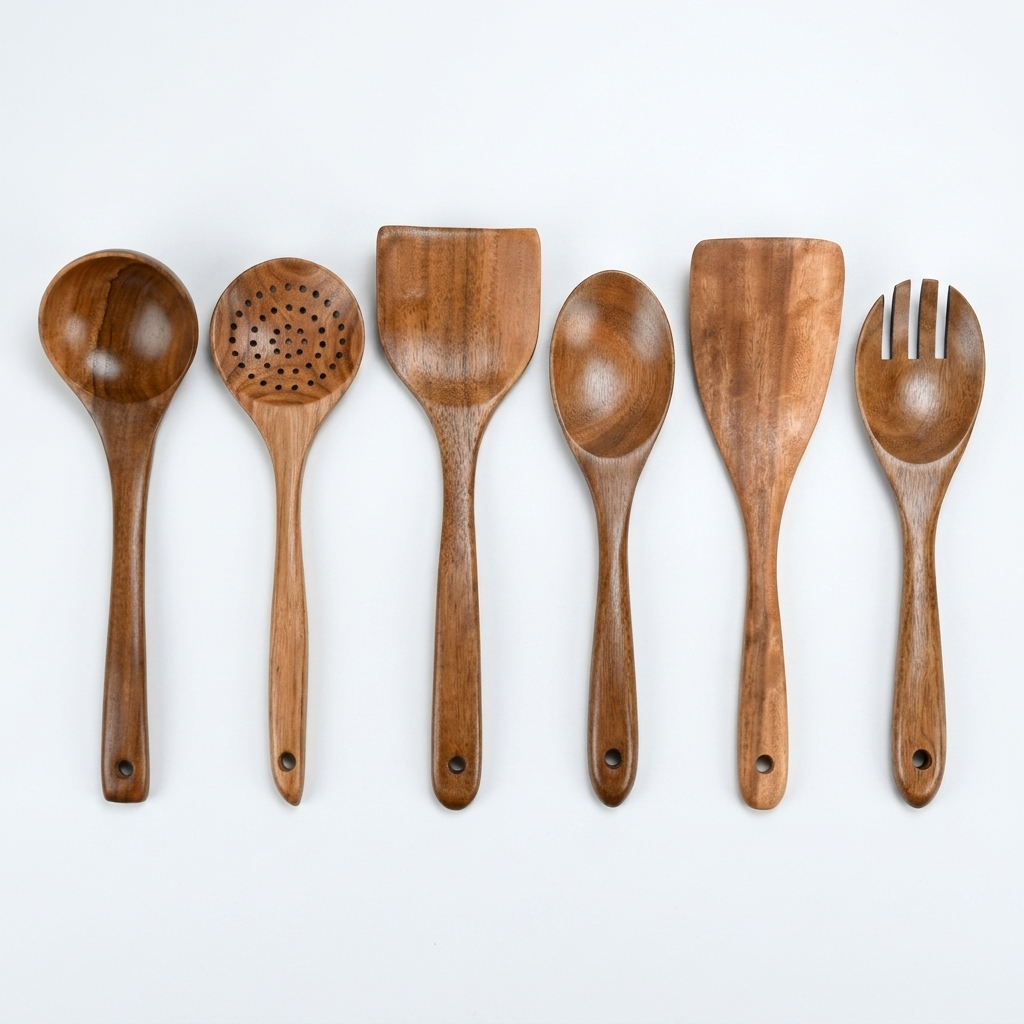 Set of wooden teak cooking utensils close detail