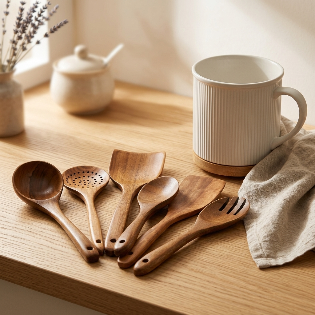 Teak utensil set resting on a light oak kitchen worktop