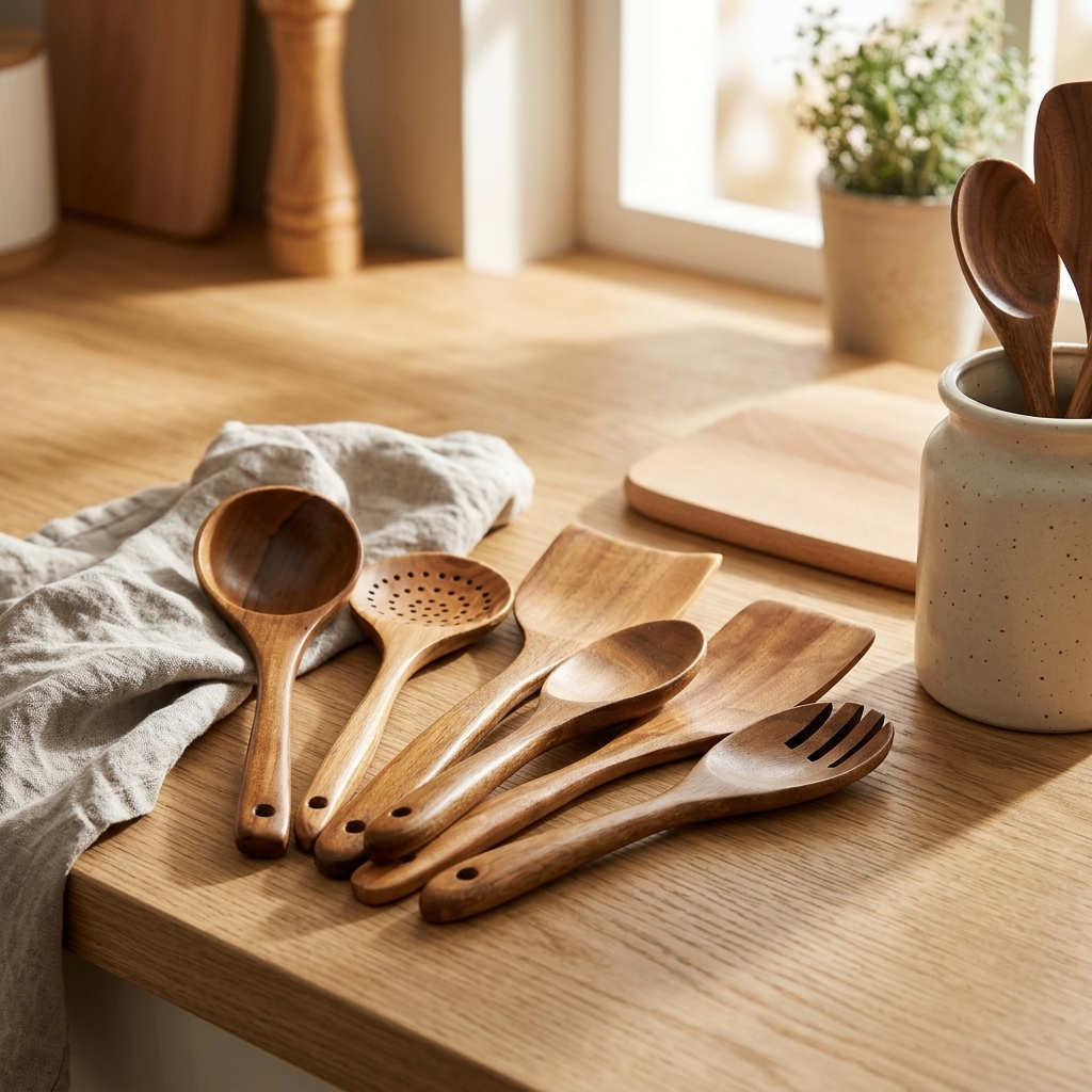 Teak wooden utensils styled with linen in a calm Scandinavian kitchen