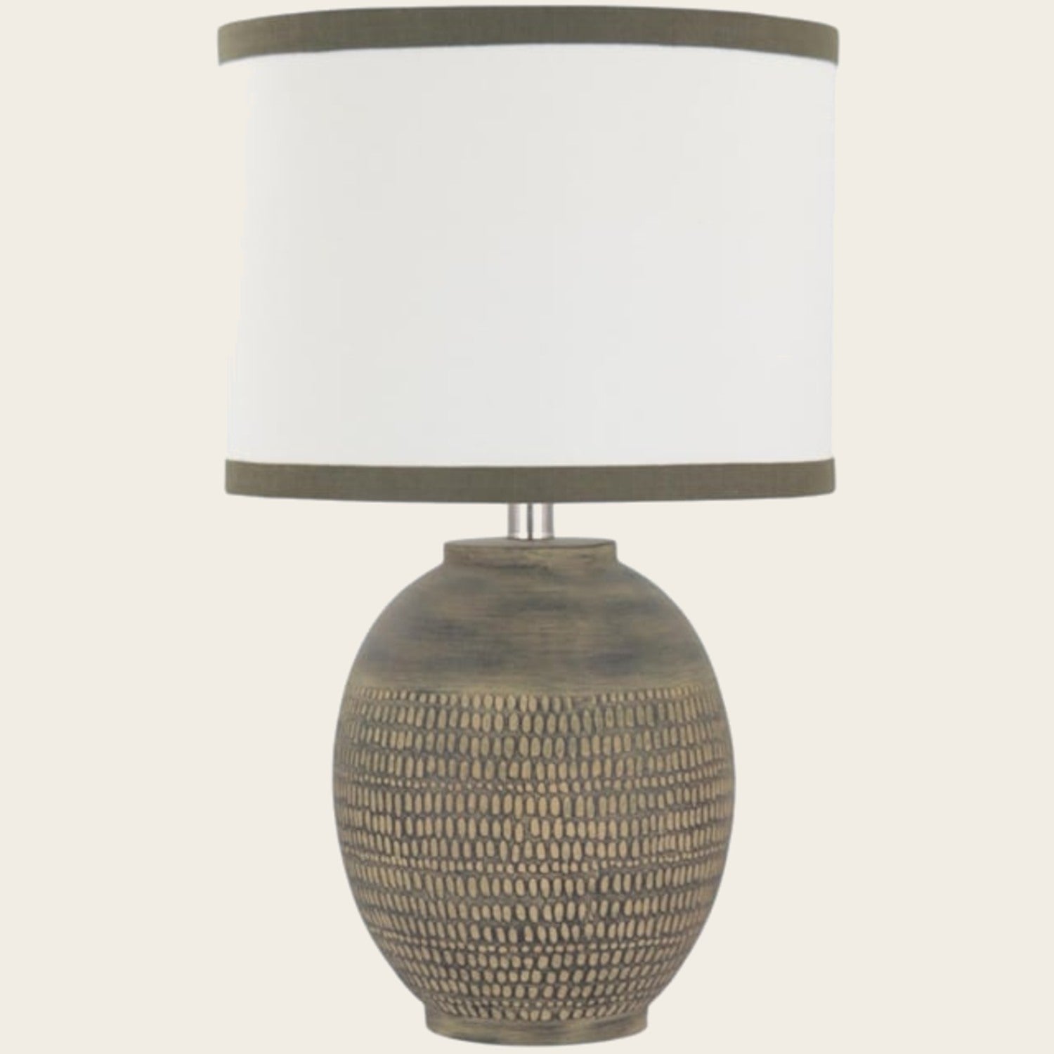 Textured beige ceramic table lamp with bordered cream shade