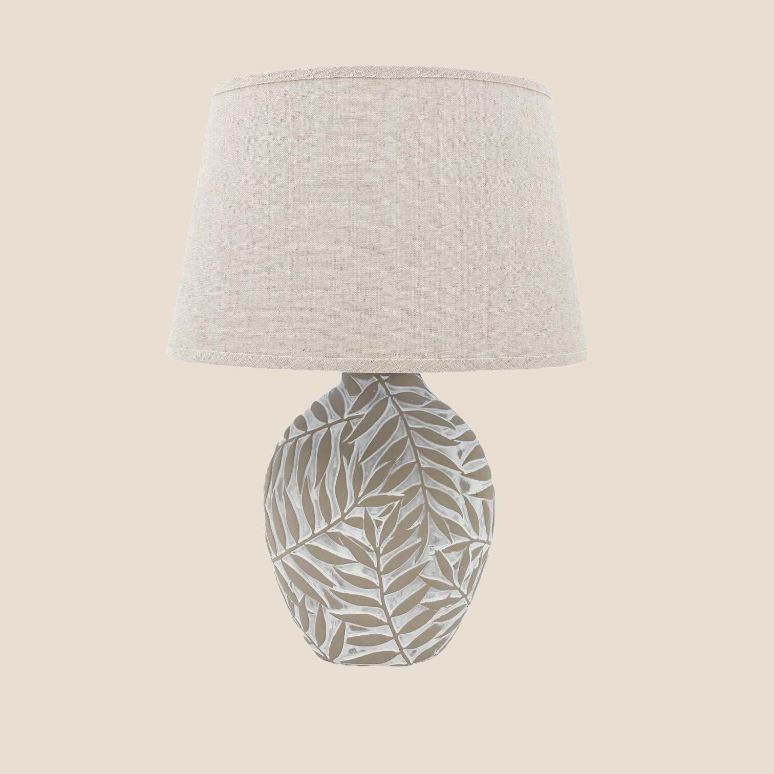 Textured leaf ceramic table lamp with warm white fabric shade