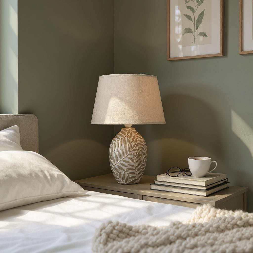Leaf-relief ceramic table lamp styled on a bedside table