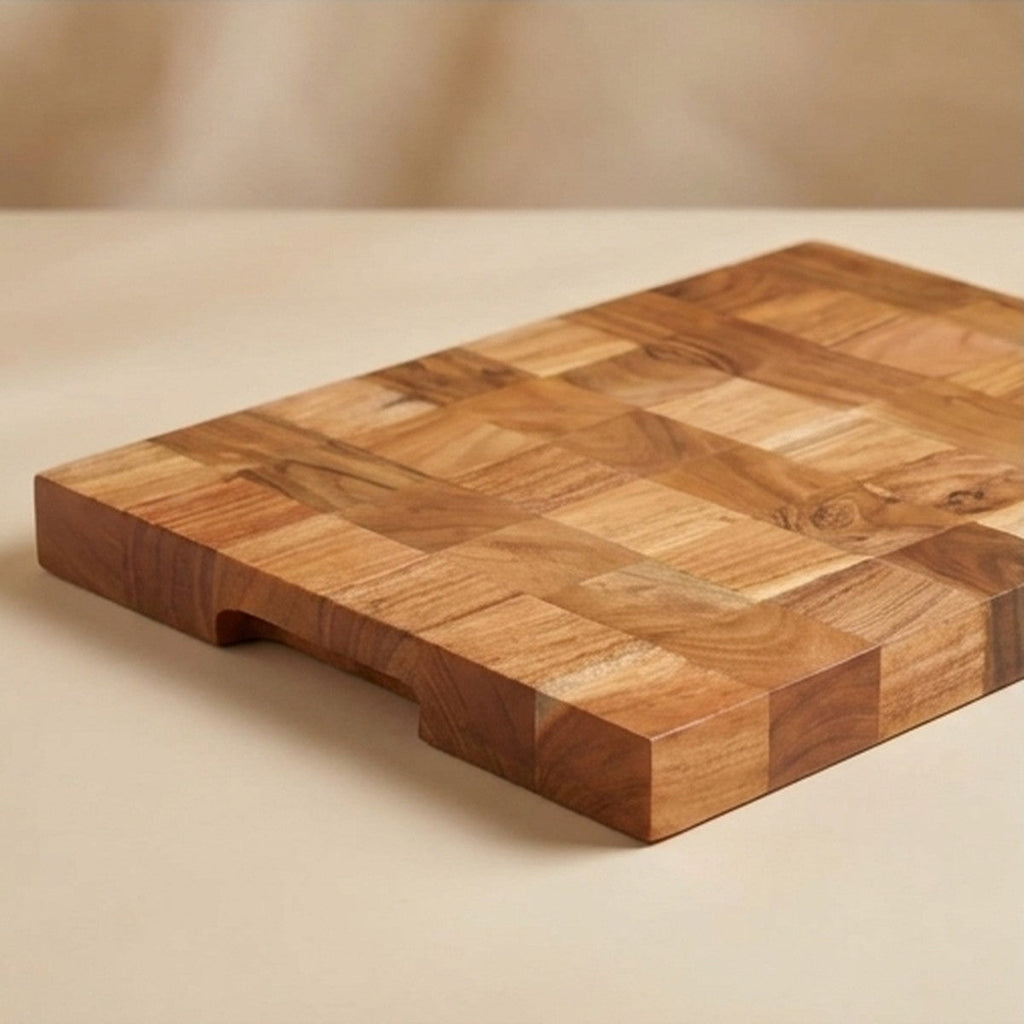 Angled view of a thick solid acacia wood chopping board