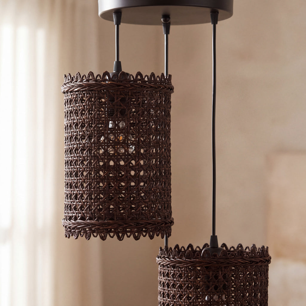 Close-up of the woven shades on a three-light rattan pendant