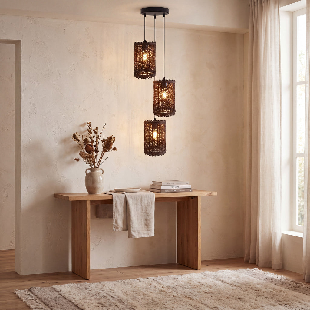 Three-light rattan pendant with woven shades styled above a wooden console table