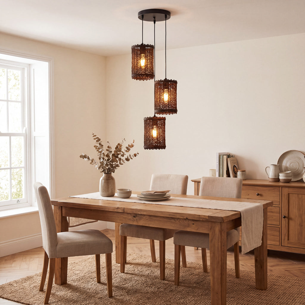 Three-light rattan pendant with woven shades styled above a wooden dining table
