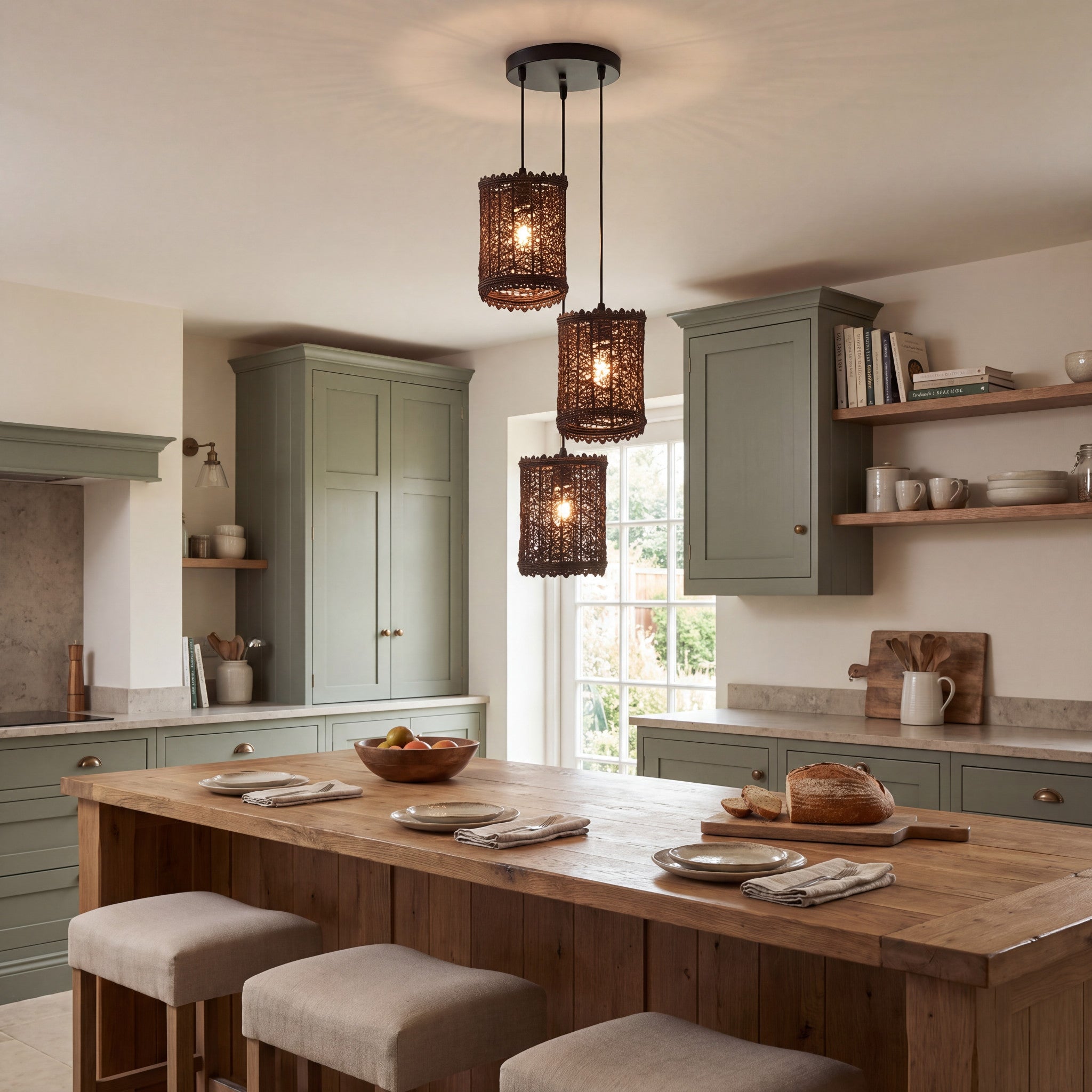 Three-light rattan pendant with woven shades hanging above a kitchen island