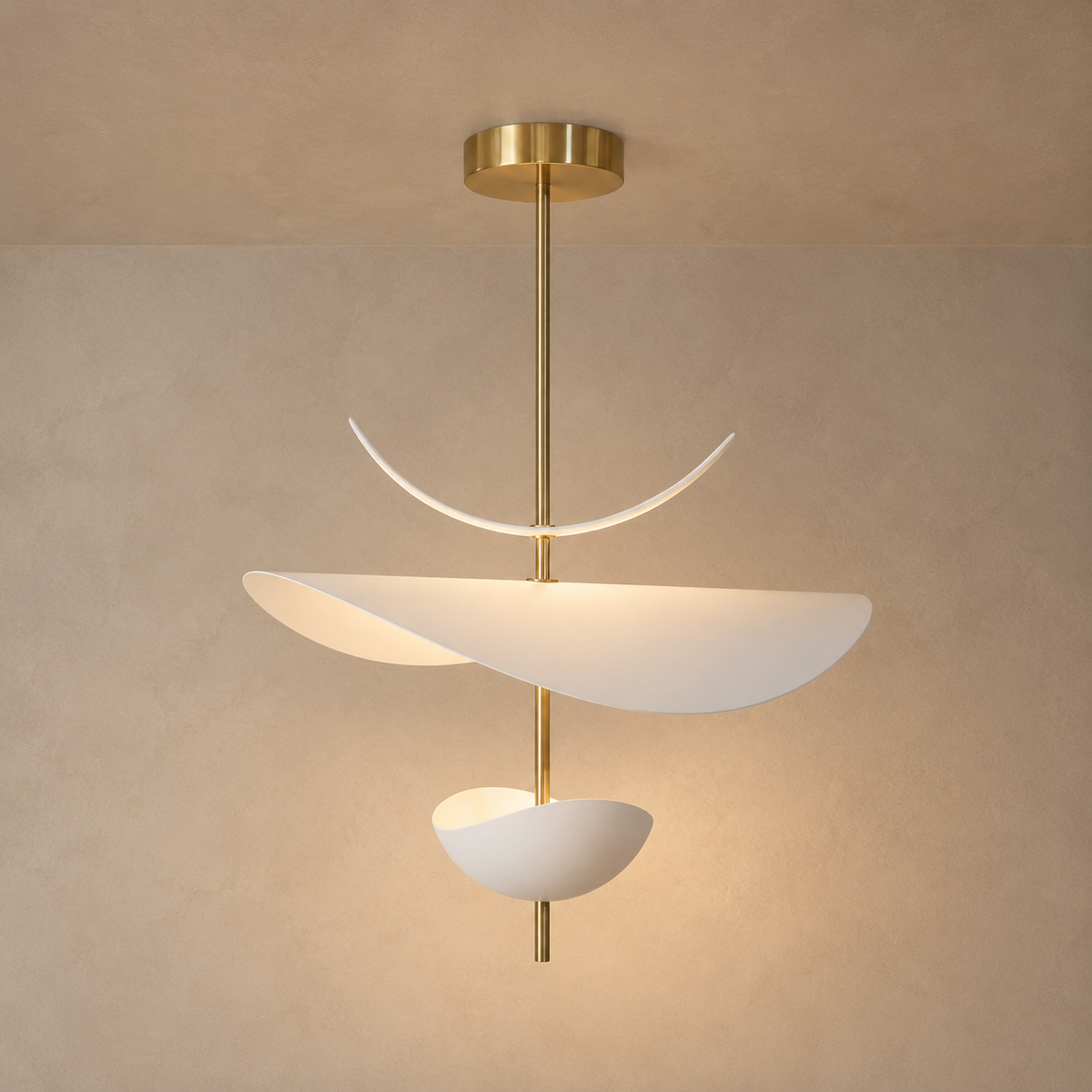 Three-shade sculptural LED pendant light with warm white glow and gold stem