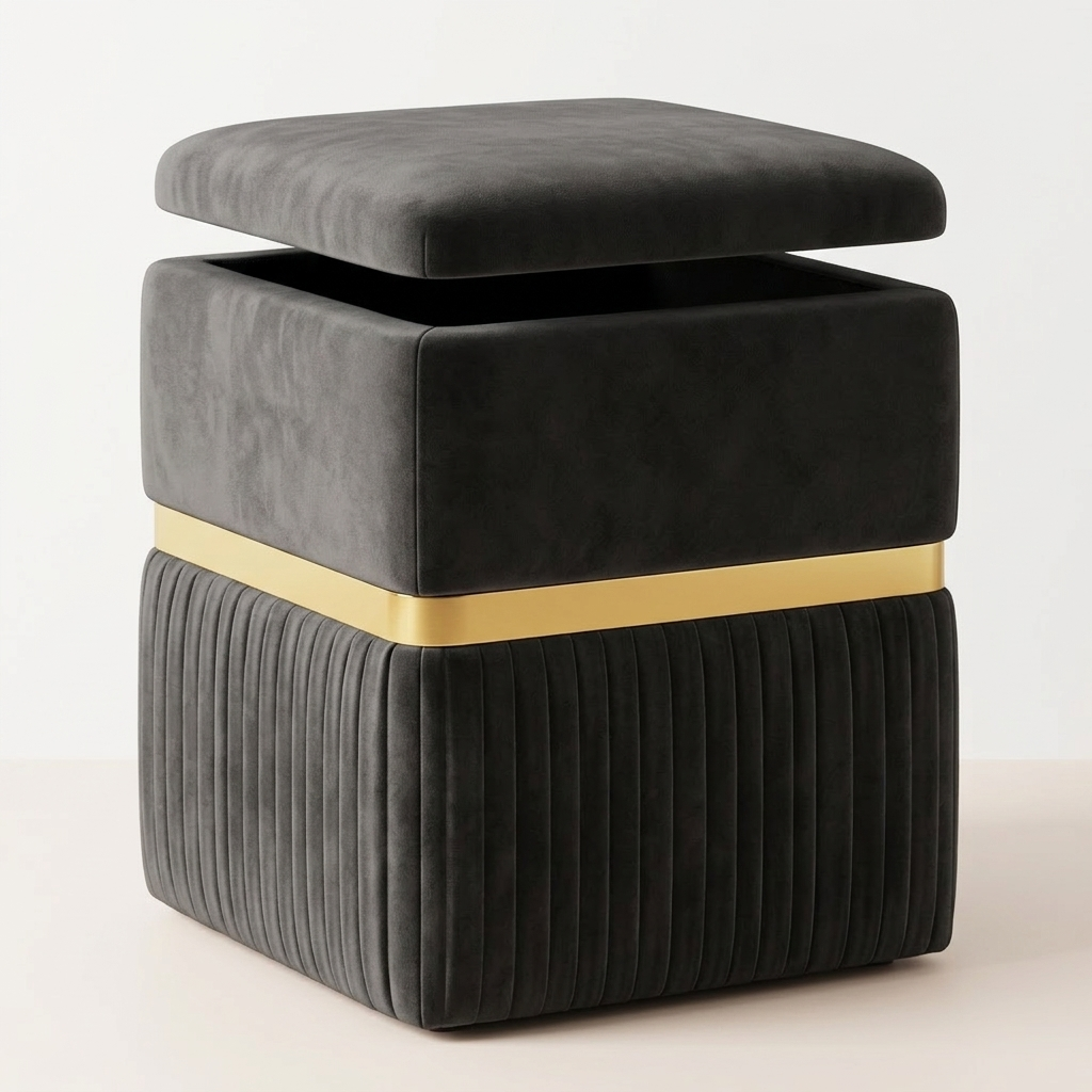 Grey velvet storage ottoman angled studio shot