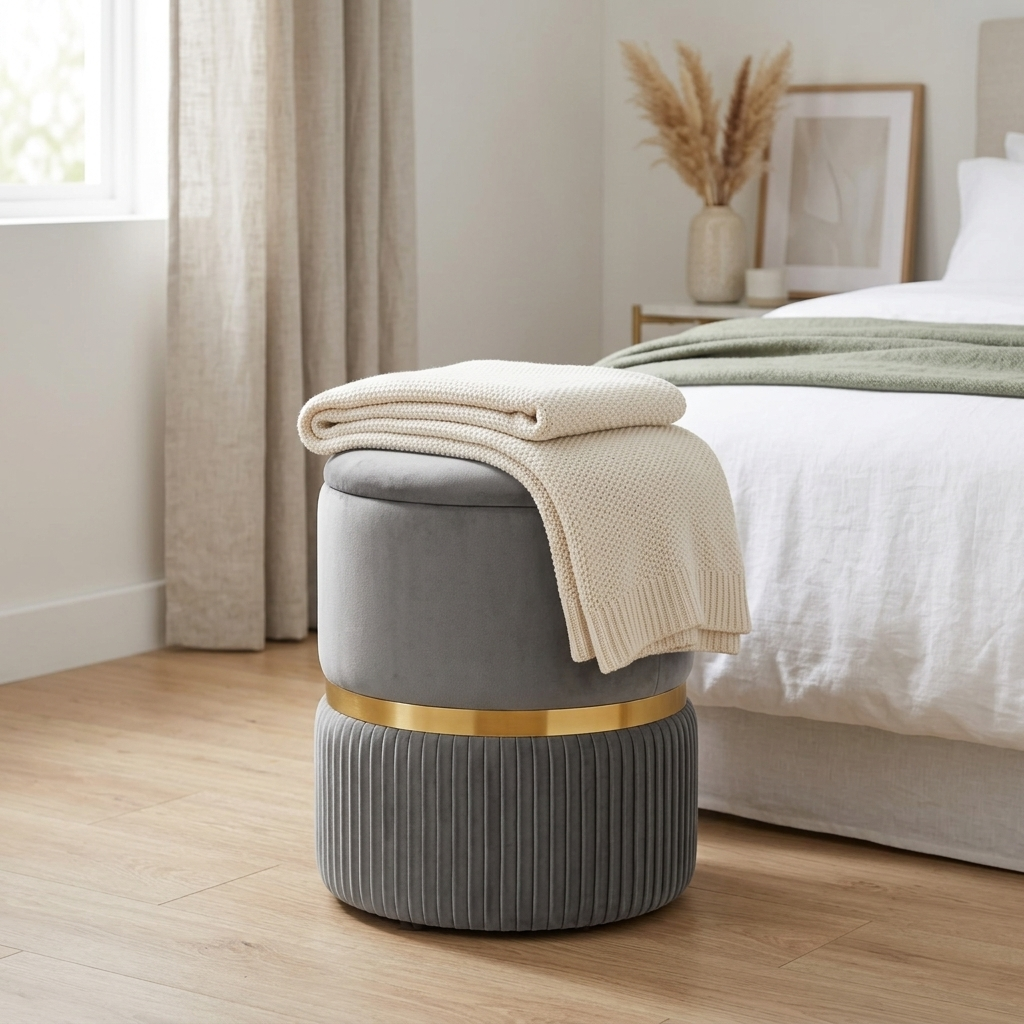 Grey velvet cube ottoman in a calm bedroom corner