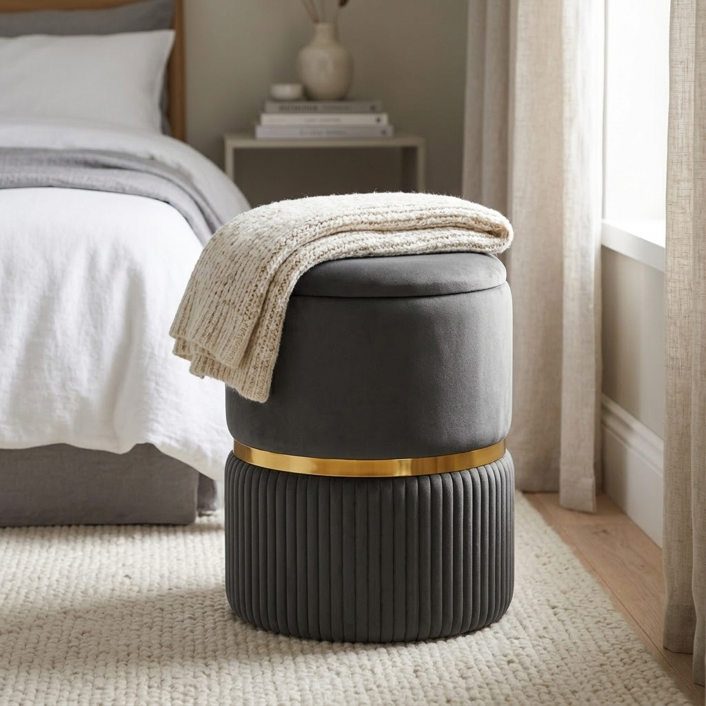 Velvet storage ottoman styled with a folded throw
