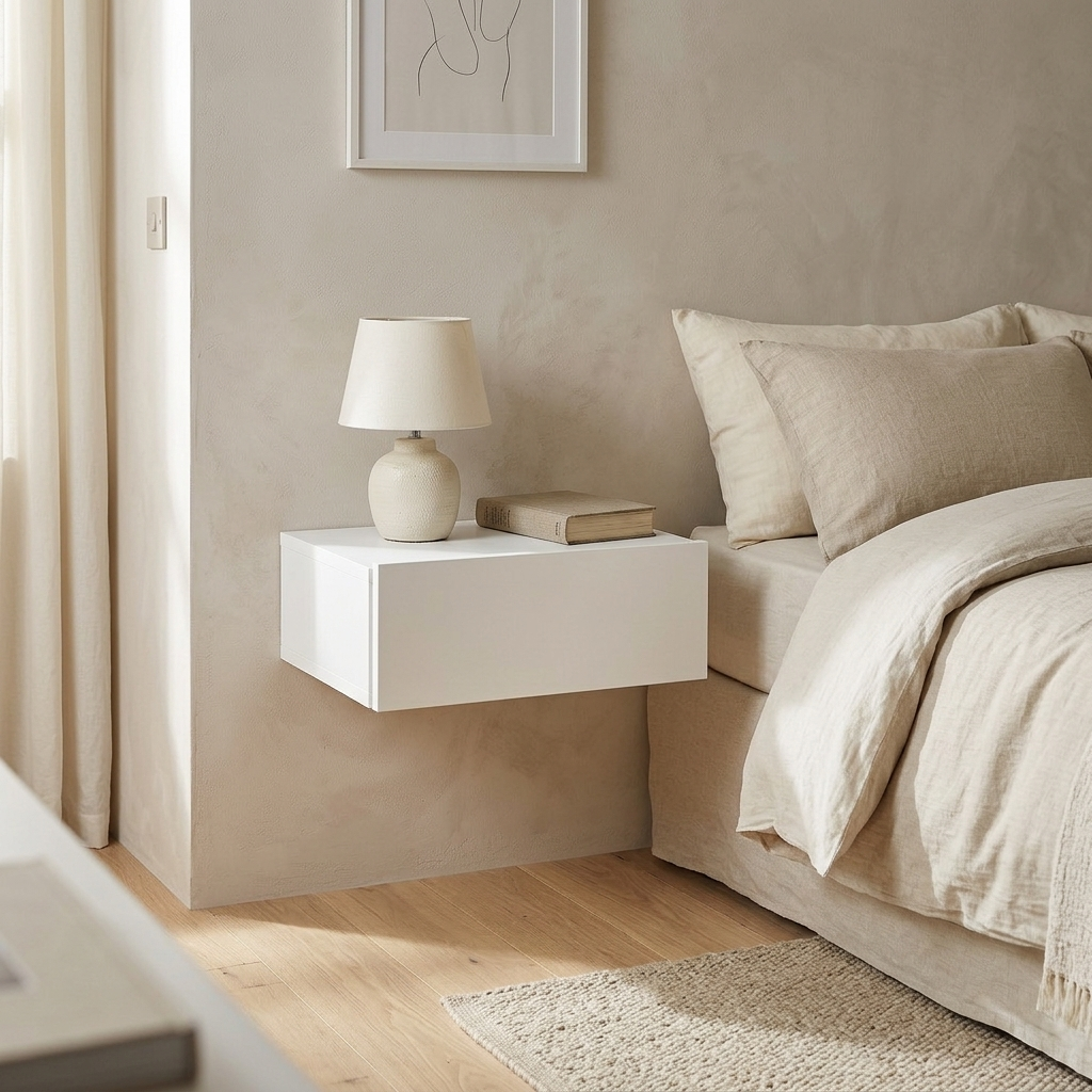 Wall-mounted white nightstand for small bedrooms